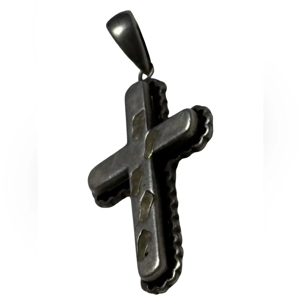 14k Gold & Sterling Silver JCM 3 Dimensional Footsteps Cross Religious Pendant